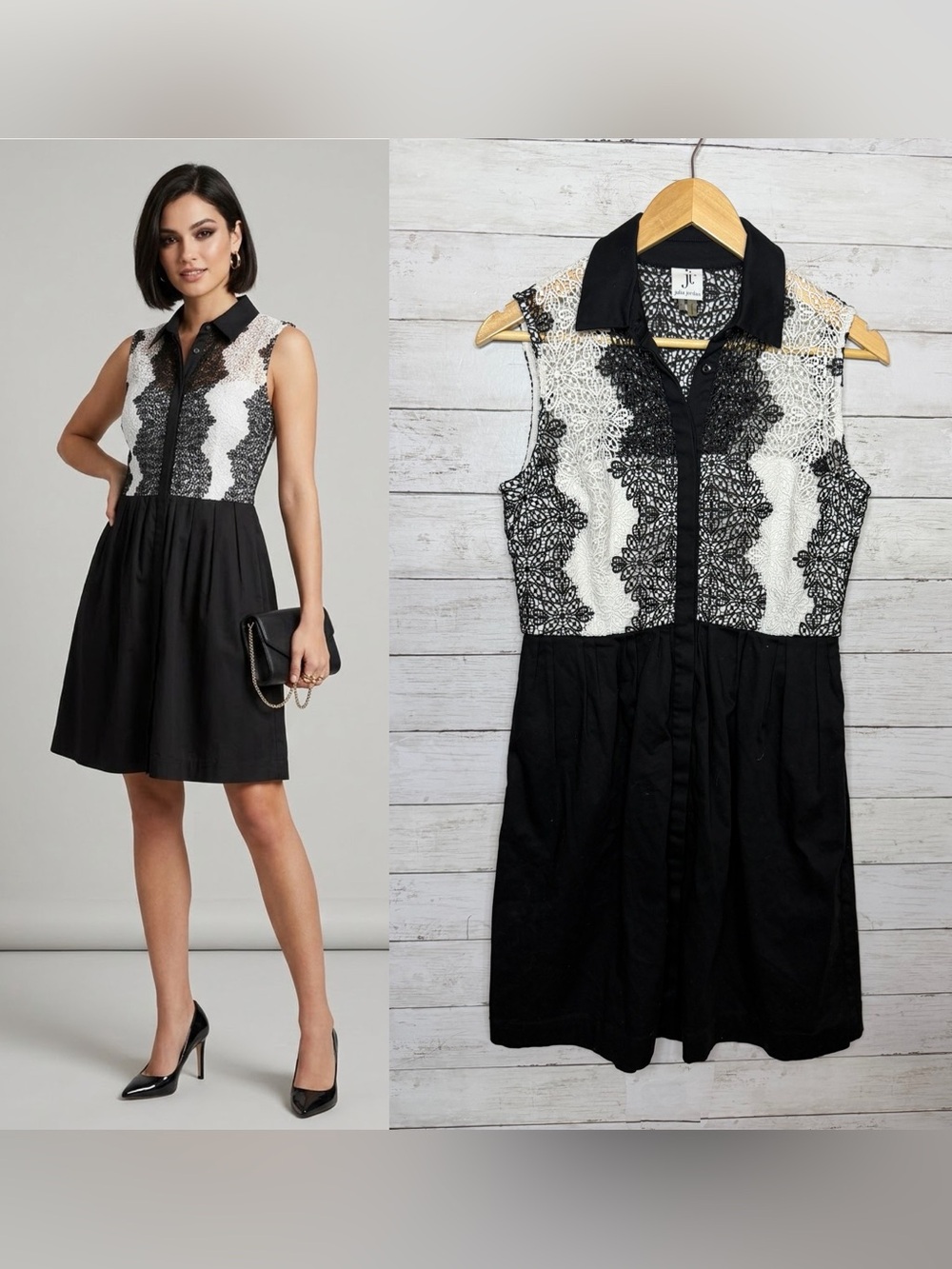 Julia Jordan Size 6 Black White Lace Fit & Flare Shirt Dress Sleeveless Collar